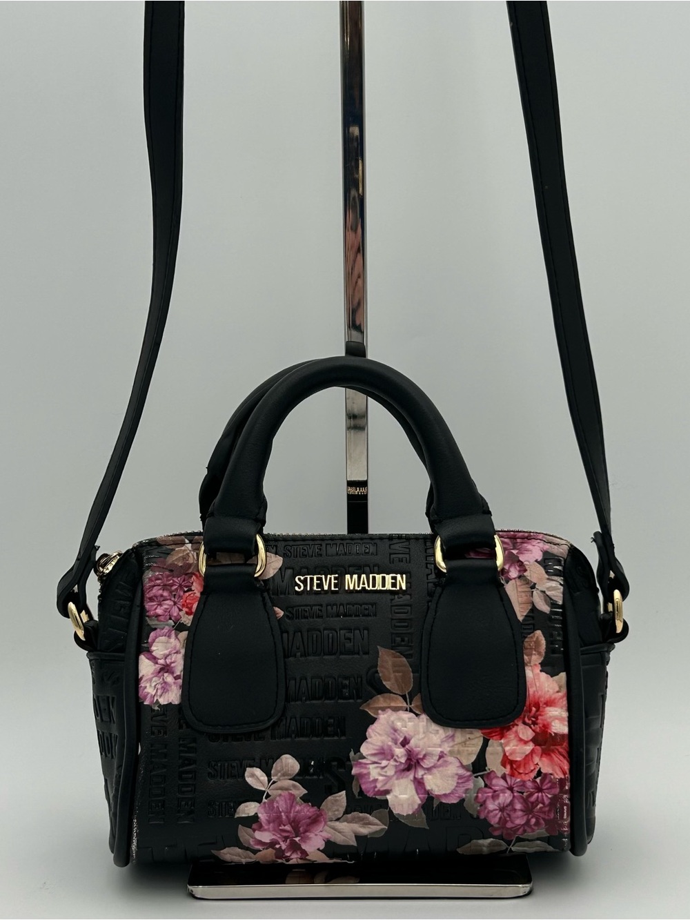 Steve Madden Black Floral Dome Satchel with Pink and Purple Blooms